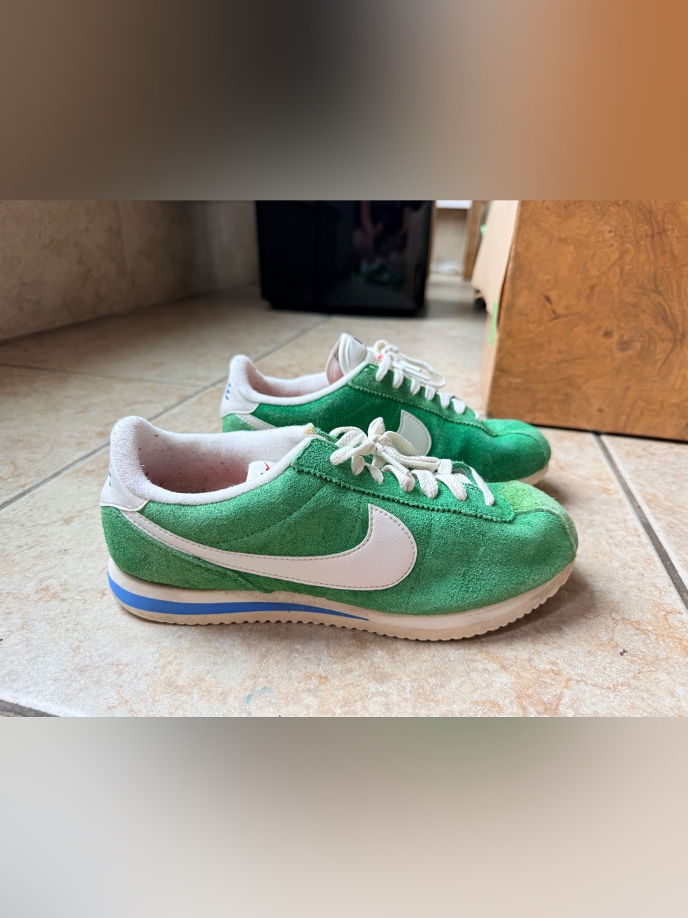 Nike Cortez chlorophyll Green Suede Sneakers with White Swoosh